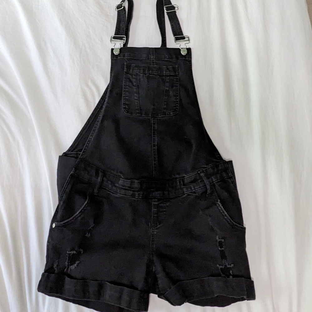 Pink Blush Maternity Short Overalls - Black Distressed